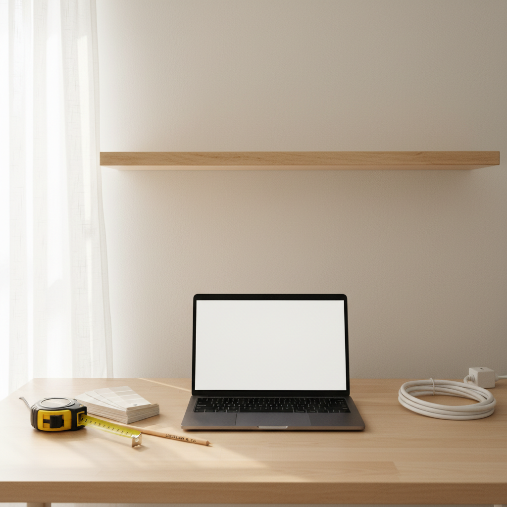 A clean, minimalist workspace vignette designed to represent online contact and quote requests for handyman services. On a simple wooden desk in a sunlit home office corner, a sleek, open laptop screen (no visible text or UI) faces the viewer, surrounded by subtle handyman cues: a tape measure, a small stack of paint chips, a carpenter’s pencil, and a neatly coiled extension cord. Behind the desk, a freshly painted wall and installed floating shelf appear flawless and perfectly level. Soft morning sunlight streams through sheer curtains, giving the scene a calm, organized, and professional mood. Photographic realism with a centered, eye-level composition emphasizes accessibility and ease of contacting Locklear & Co. for estimates.