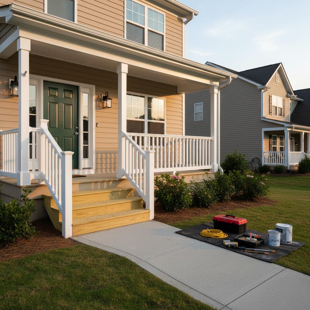 A tidy exterior home maintenance scene in a suburban Carolina neighborhood, focusing on the front porch and entryway of a well-kept house. Freshly repaired steps, newly painted railings, and updated exterior light fixtures are all visible, with a clean, debris-free walkway leading to the door. Off to one side, a compact, well-organized set of handyman tools and materials sits on a protective mat, hinting that the job has just been completed. Late afternoon natural light creates warm highlights on the siding and gentle shadows under the eaves. Photographic realism at an eye-level, slightly angled composition gives depth and curb appeal, conveying reliability, thoroughness, and readiness for quote requests without any people or text.