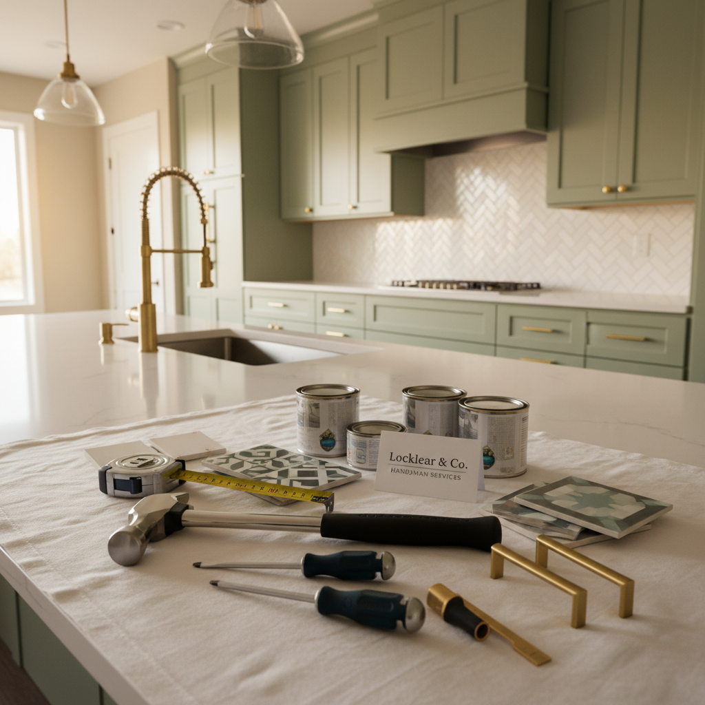 A kitchen renovation vignette showcasing Locklear & Co.’s handyman capabilities, with a partially visible open-concept kitchen. In the foreground, a neatly laid-out arrangement of high-quality tools, paint samples, and tile pieces rests on a spotless protective drop cloth. In the background, the kitchen appears fully finished: new backsplash tiles perfectly aligned, upgraded lighting, fresh cabinet hardware, and gleaming countertops, all dust-free as if post-construction cleaning has just been completed. Warm, golden-hour natural light filters through an unseen window, casting soft highlights on metal surfaces and subtle shadows on the walls. Photographic realism, shot from a low, three-quarter angle with shallow depth of field that keeps the tools crisp while the completed remodel softly sharpens into view, creating an inviting, professional atmosphere.