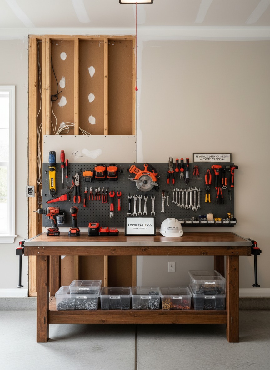 A meticulously organized handyman’s workbench representing Locklear & Co., featuring neatly arranged power tools, hand tools, and hardware in a spotless, well-lit residential garage. A large, unfinished interior wall section in the background shows half-completed repairs on one side and a perfectly finished, freshly painted wall on the other, subtly suggesting before-and-after results. Soft, even daylight comes from a side window, creating crisp yet gentle shadows. Photographic realism at eye level, with a wide-angle composition that keeps every detail sharp. The mood is professional, trustworthy, and efficient, ideal for a homepage hero image for home repairs and remodeling services in North Carolina and South Carolina.