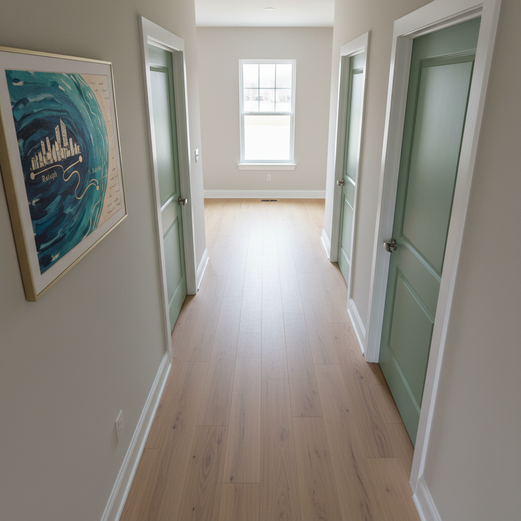 A detailed aerial-style interior shot of a hallway that visually suggests coverage from Raleigh, NC to Myrtle Beach, SC through subtle decor elements, such as a framed abstract coastal map showing a route between inland city skylines and a sandy shoreline. The hallway features freshly installed laminate flooring, newly painted doors, updated hardware, and a pristine, spotless appearance, reflecting comprehensive handyman services and post-construction cleanup. Soft, diffused overcast light pours in from a transom window, minimizing harsh shadows. The photographic, realistic composition uses leading lines down the corridor to create depth and professionalism, reinforcing regional service coverage without using any people or text elements.
